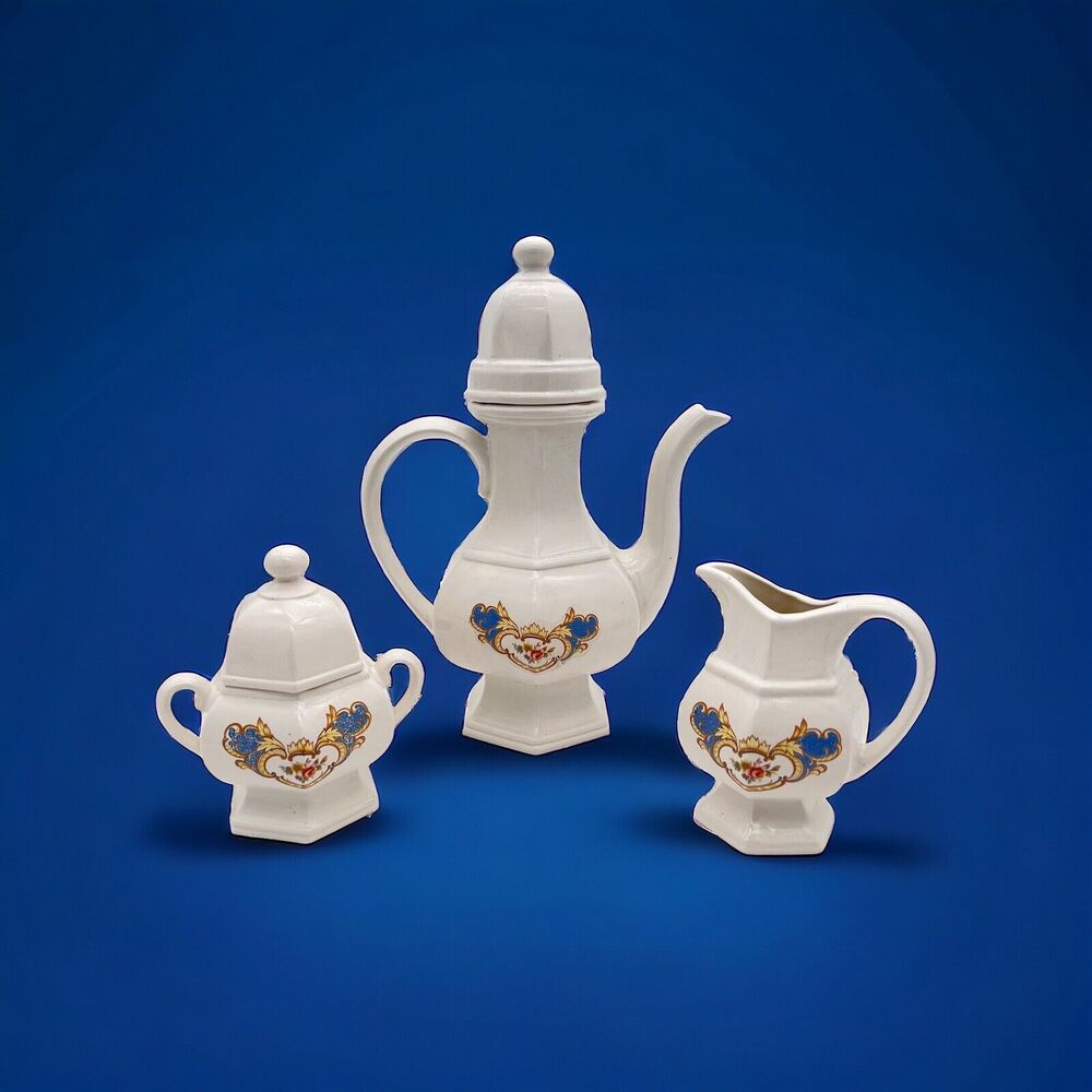 Vtg Coffee Pot Sugar Bowl Creamer Ceramic Pedestal Set Hand Painted Elegant
